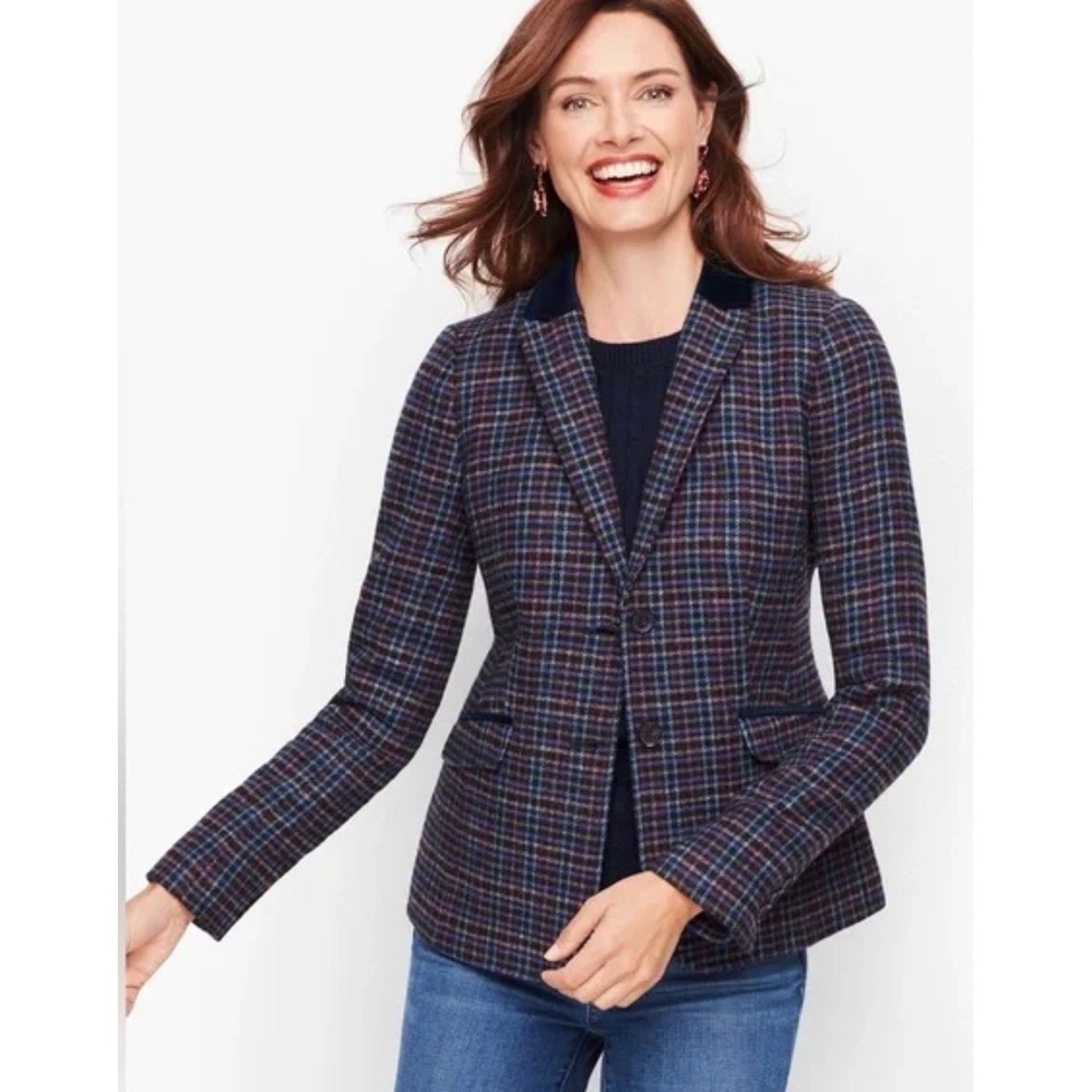 Talbots Womens Plaid Wool Blend Blazer Navy Velvet Collar Two Button Jacket